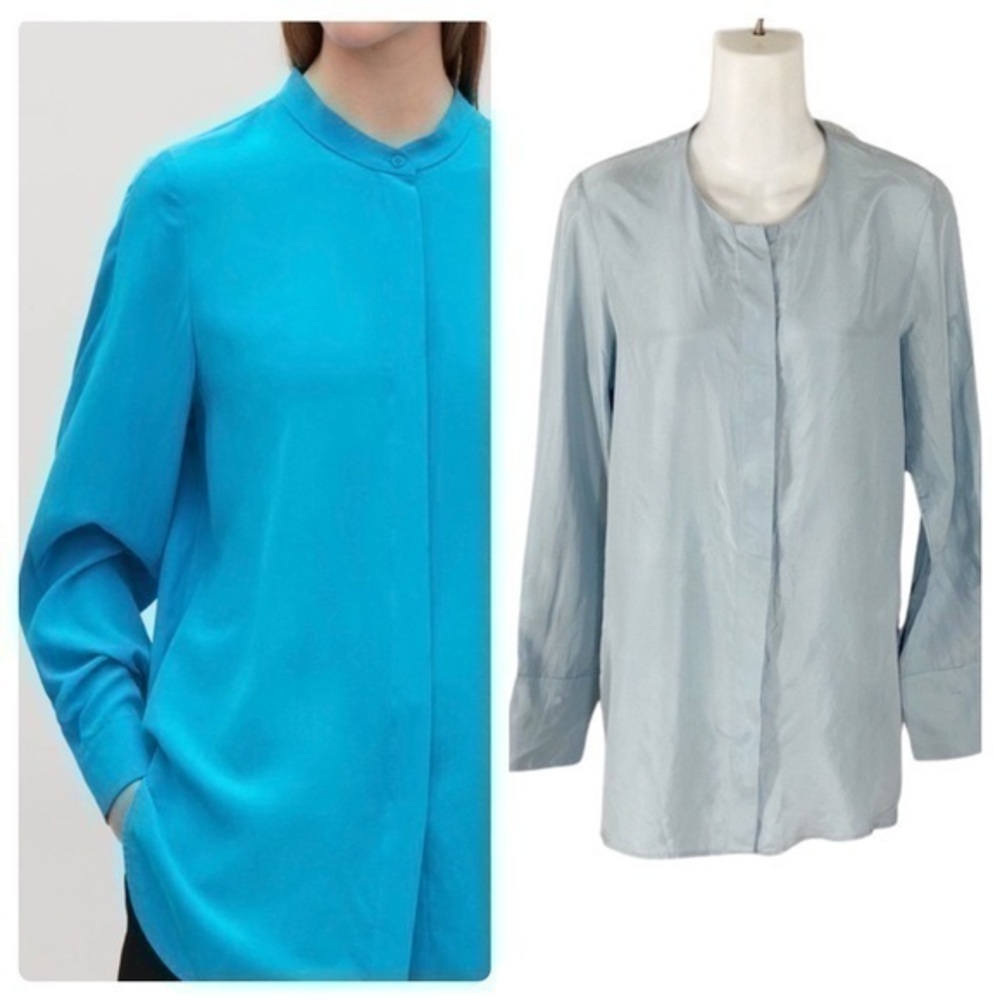 COS Grandad-Collar Light Blue Silk Button Down Blouse WW11